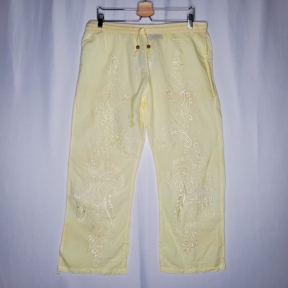 Vtg Crop Pants OSFM Yellow Embroidered Sheer Cotton Elastic Gauze Coastal Boho